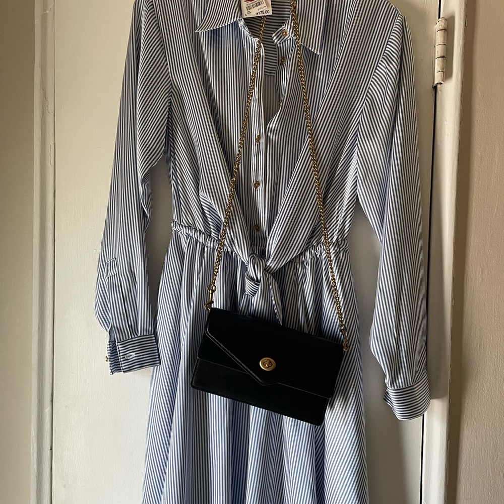 MICHAEL Michael Kors Gray Blue Midi Dress Notched Collar Cuffed Sleeves
